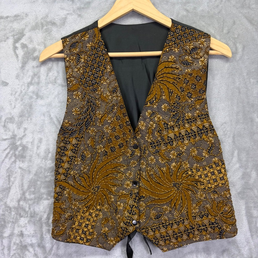 Vintage Cache Women Vest Beaded Batik Gold Black Tie Back Large Floral Artsy